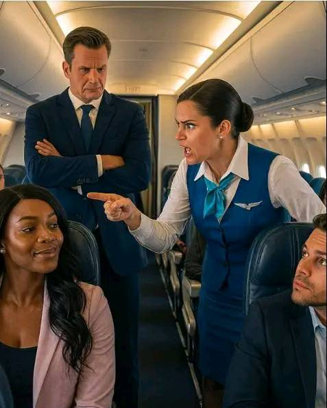 Stewardesa wskazuje na czarnoskórą kobietę i mówi