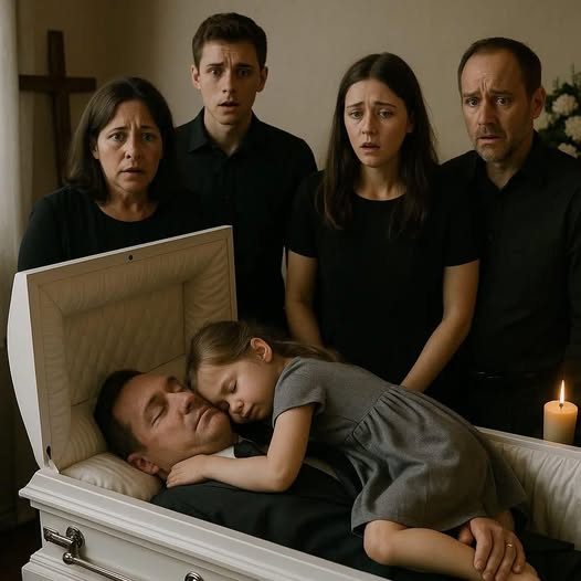 Mała dziewczynka przytuliła swojego ojca w przesadzającej trumnie